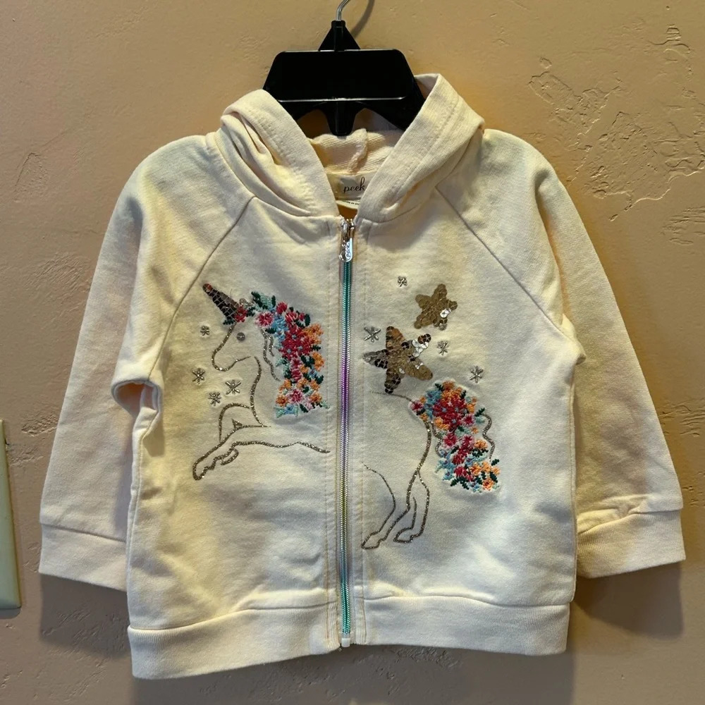 NWTS PEEK KIDS Peach Hoodie + Sequin Unicorn & Butterfly Accents Size 6-12 Month